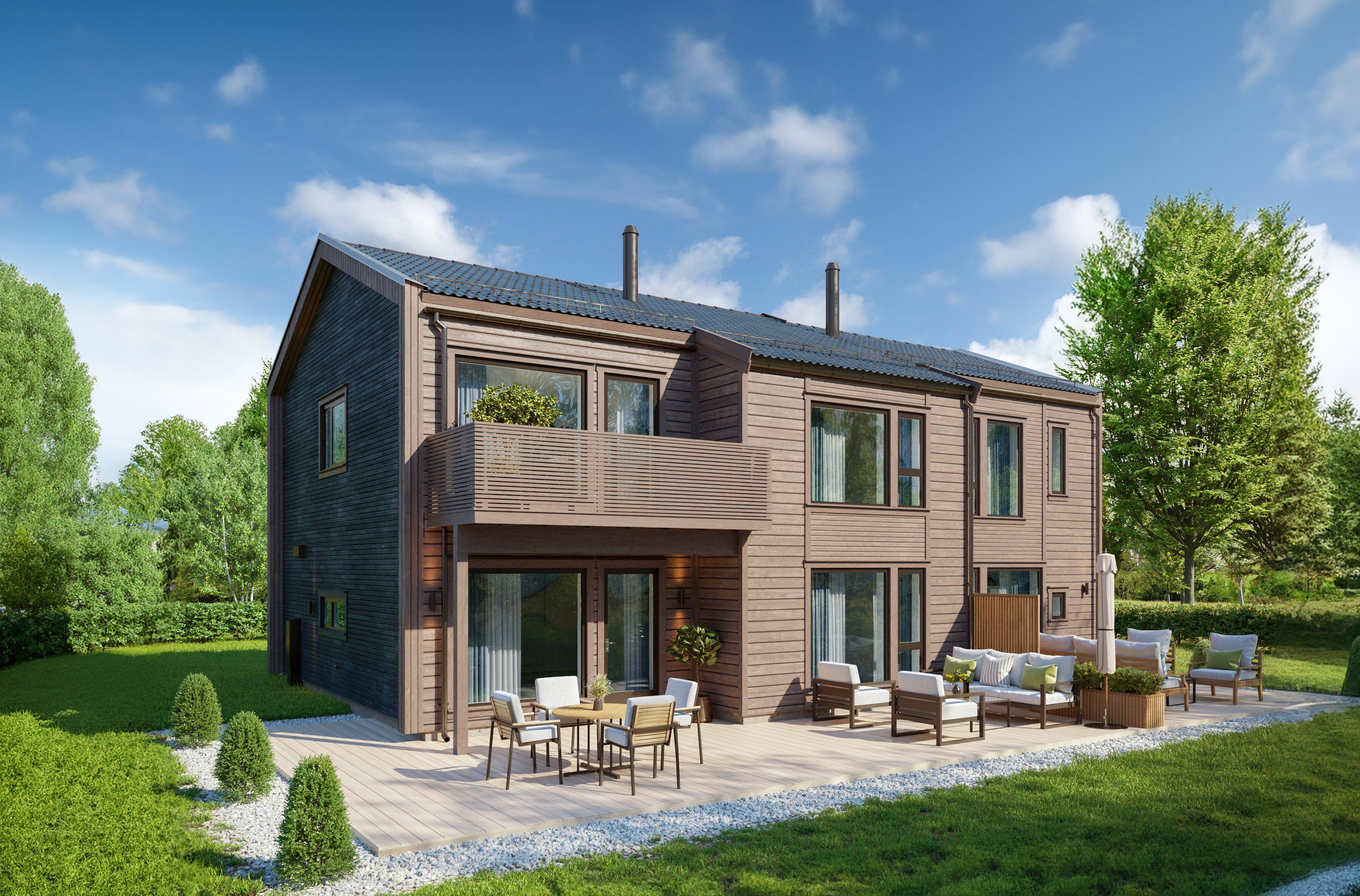 Husmodellen Embla XL med utleiedel illustrasjon front av bolig